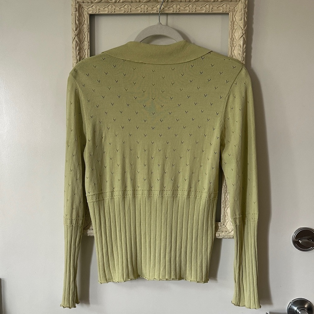 VITAE | Y2K Light Green Rib Knit Eyelet Button-Down Ruffled Cardigan - Picture 8 of 13